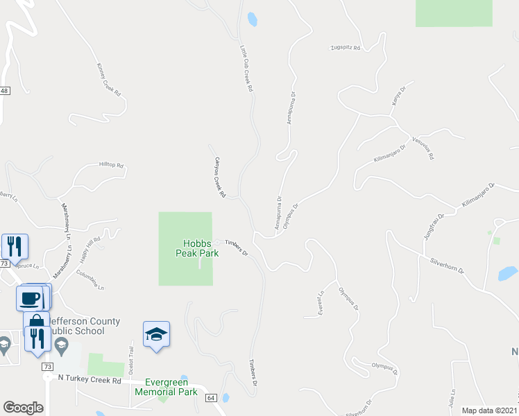 map of restaurants, bars, coffee shops, grocery stores, and more near 6572 Little Cub Creek Road in Evergreen