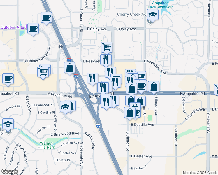 map of restaurants, bars, coffee shops, grocery stores, and more near 9281 East Arapahoe Road in Greenwood Village