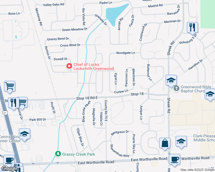 map of restaurants, bars, coffee shops, grocery stores, and more near 1491 Blue Brook Way in Greenwood