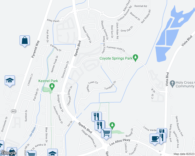 map of restaurants, bars, coffee shops, grocery stores, and more near 5737 Spanish Bay Court in Sparks
