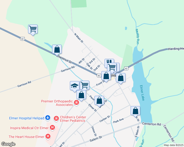 map of restaurants, bars, coffee shops, grocery stores, and more near 150 Chestnut Street in Elmer