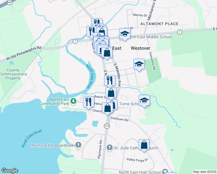 map of restaurants, bars, coffee shops, grocery stores, and more near 507 South Main Street in North East