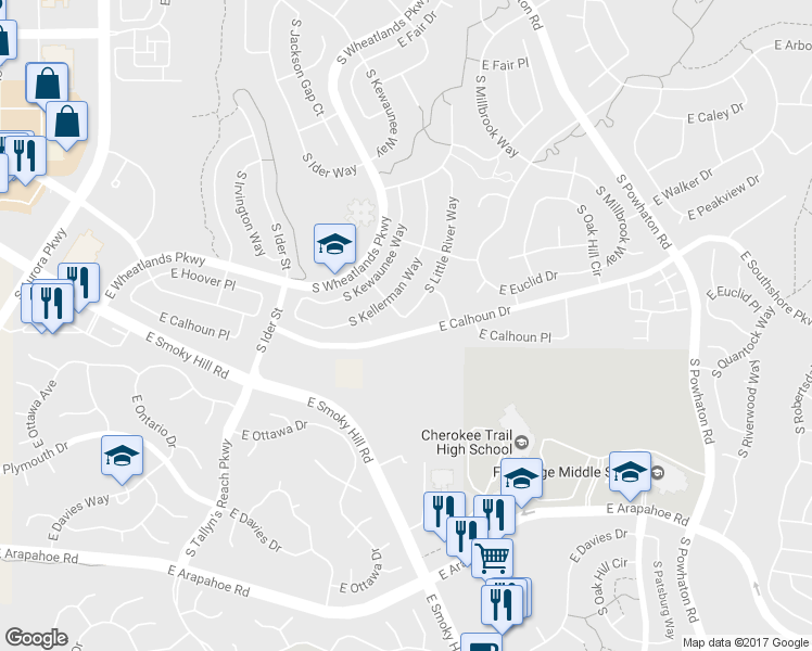 map of restaurants, bars, coffee shops, grocery stores, and more near 25460 East Euclid Place in Aurora