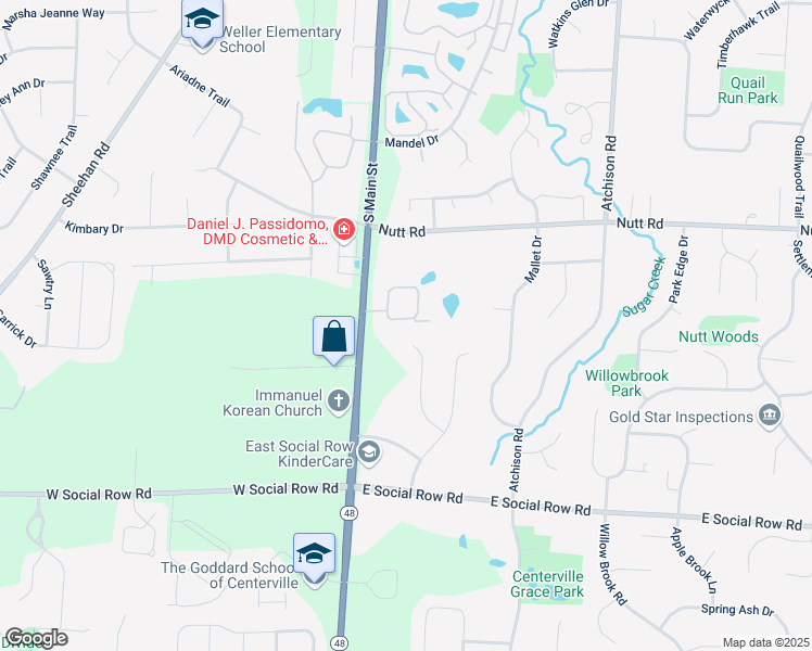 map of restaurants, bars, coffee shops, grocery stores, and more near 32 Scarborough Village Drive in Centerville