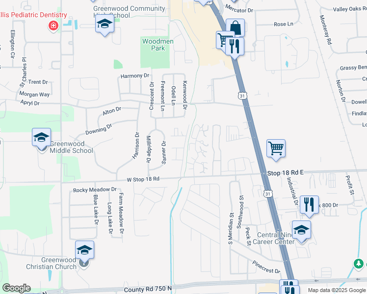 map of restaurants, bars, coffee shops, grocery stores, and more near 1570 Countryside Drive in Greenwood