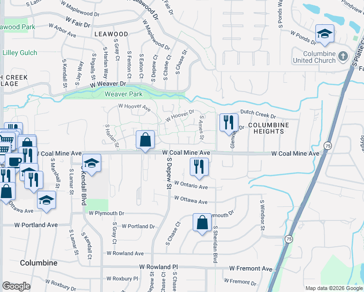 map of restaurants, bars, coffee shops, grocery stores, and more near 5478 West Calhoun Avenue in Littleton