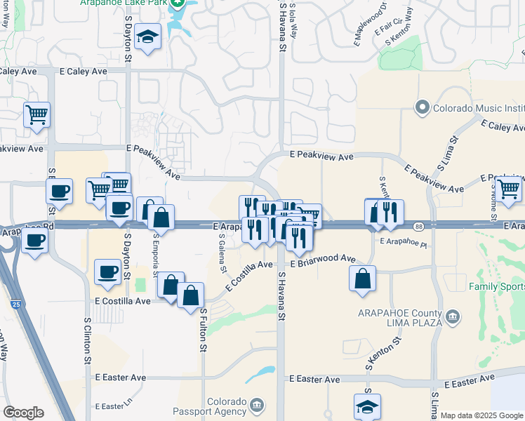 map of restaurants, bars, coffee shops, grocery stores, and more near 10401 East Arapahoe Road in Centennial