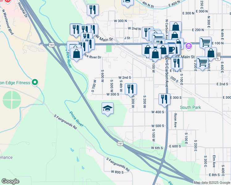 map of restaurants, bars, coffee shops, grocery stores, and more near 450 West 300 South in Price