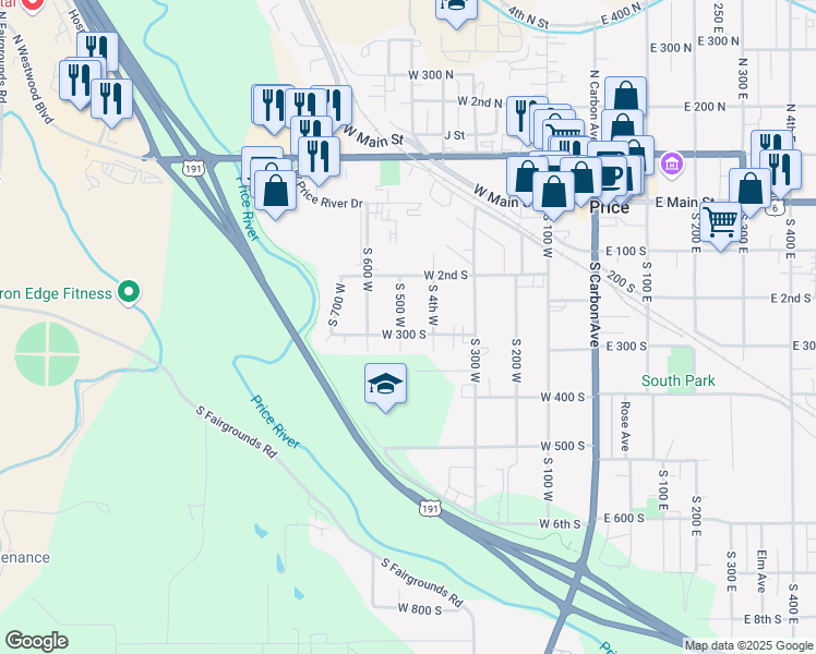 map of restaurants, bars, coffee shops, grocery stores, and more near 480 300 South in Price