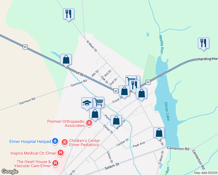 map of restaurants, bars, coffee shops, grocery stores, and more near 158 Chestnut Street in Elmer