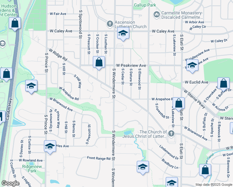 map of restaurants, bars, coffee shops, grocery stores, and more near 1440 West Ridge Road in Littleton