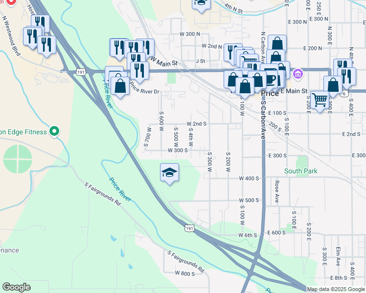 map of restaurants, bars, coffee shops, grocery stores, and more near 450 West 300 South in Price