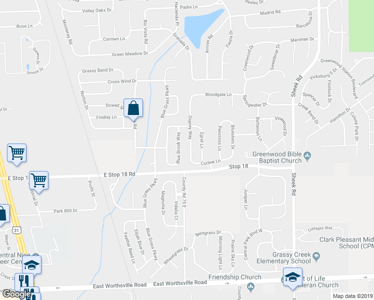 map of restaurants, bars, coffee shops, grocery stores, and more near 1478 Osprey Way in Greenwood