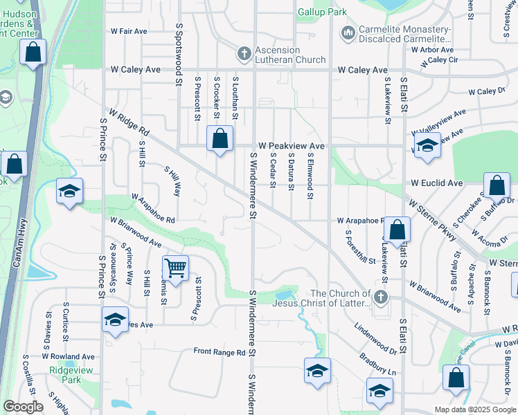 map of restaurants, bars, coffee shops, grocery stores, and more near 1440 West Ridge Road in Littleton