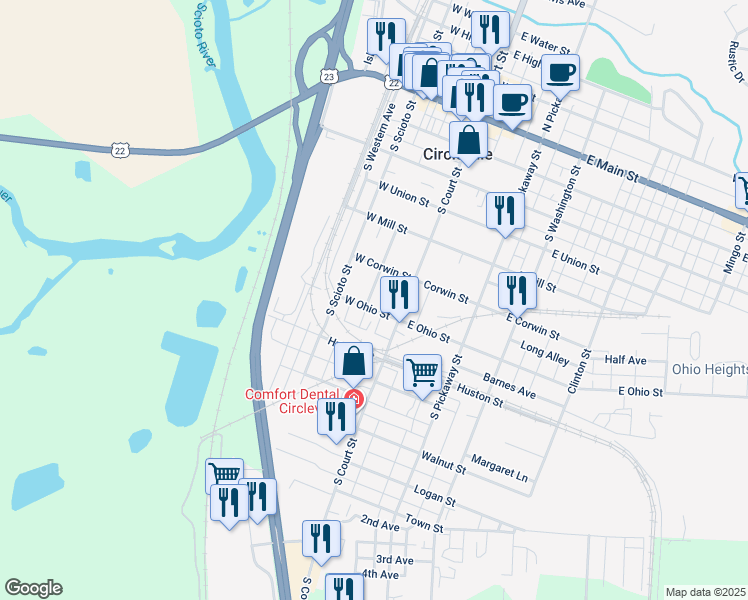 map of restaurants, bars, coffee shops, grocery stores, and more near 201 West Ohio Street in Circleville