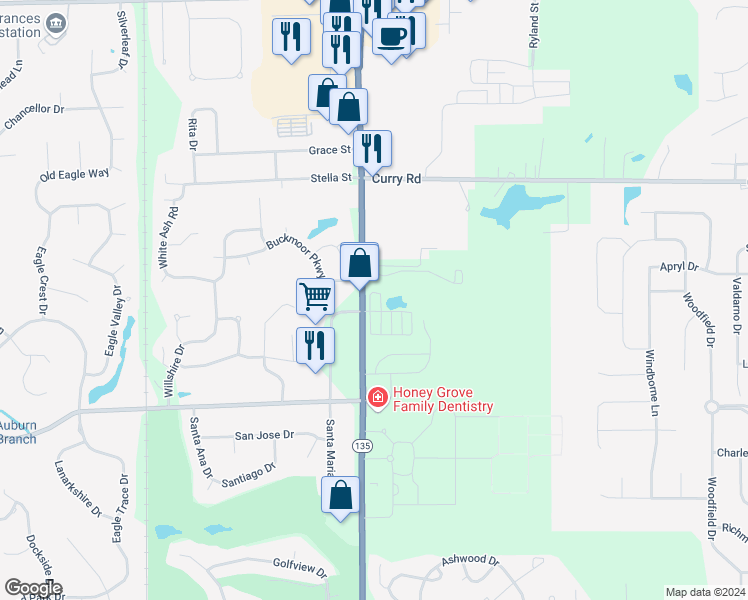 map of restaurants, bars, coffee shops, grocery stores, and more near 1449 Frontier Drive in Greenwood