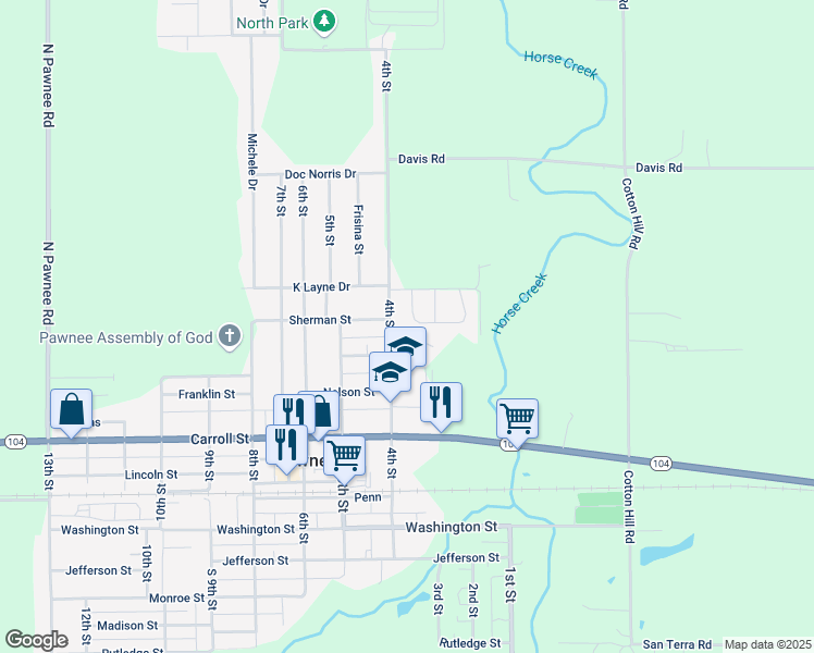 map of restaurants, bars, coffee shops, grocery stores, and more near 1004 4th Street in Pawnee