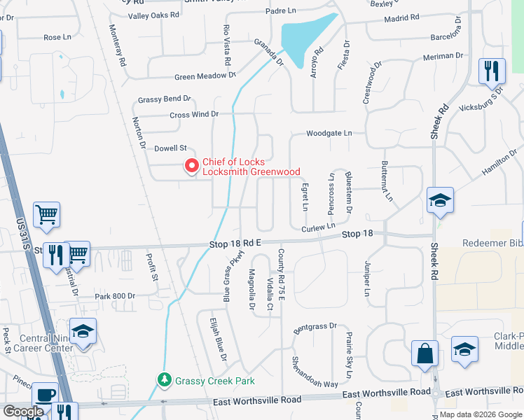 map of restaurants, bars, coffee shops, grocery stores, and more near 1498 Green Spring Way in Greenwood