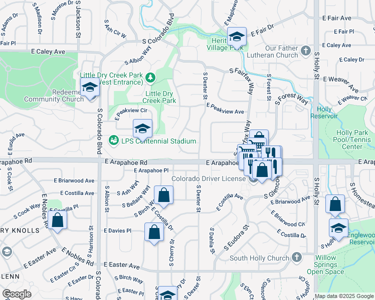 map of restaurants, bars, coffee shops, grocery stores, and more near 6673 South Cherry Way in Centennial