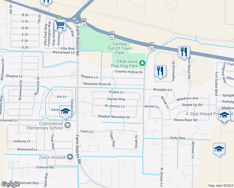 map of restaurants, bars, coffee shops, grocery stores, and more near 139 Prairie Lane in Fernley