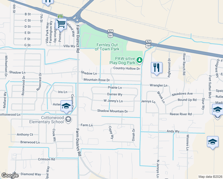 map of restaurants, bars, coffee shops, grocery stores, and more near 520 Darren Way in Fernley