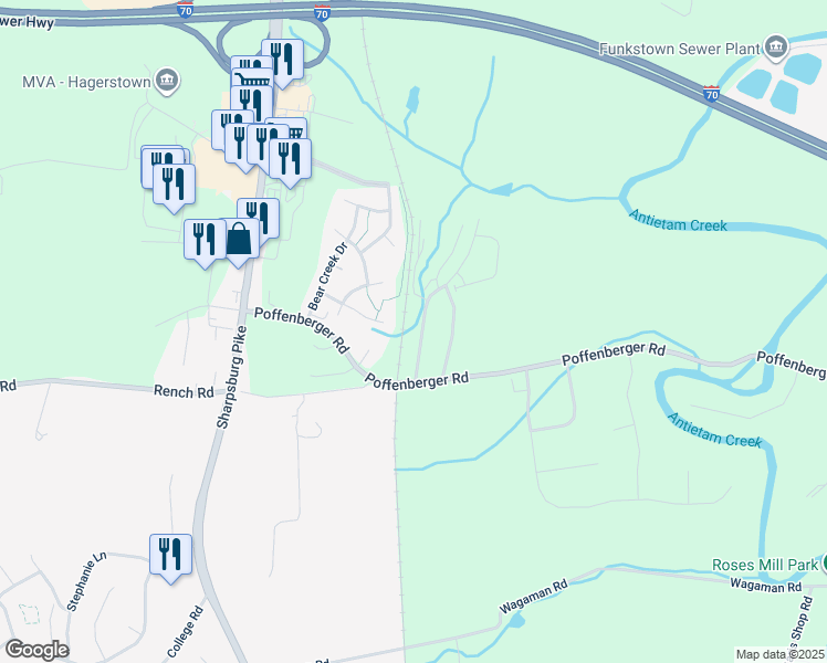 map of restaurants, bars, coffee shops, grocery stores, and more near 10222 Stagecoach Drive in Hagerstown