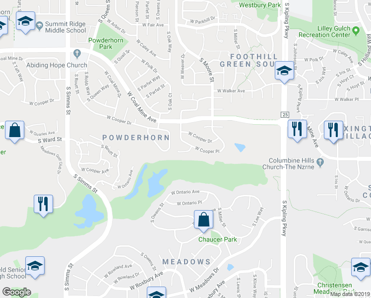 map of restaurants, bars, coffee shops, grocery stores, and more near 10733 Cooper Lane in Littleton