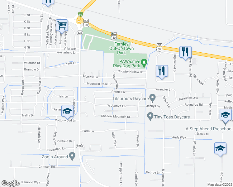 map of restaurants, bars, coffee shops, grocery stores, and more near 141 Prairie Lane in Fernley