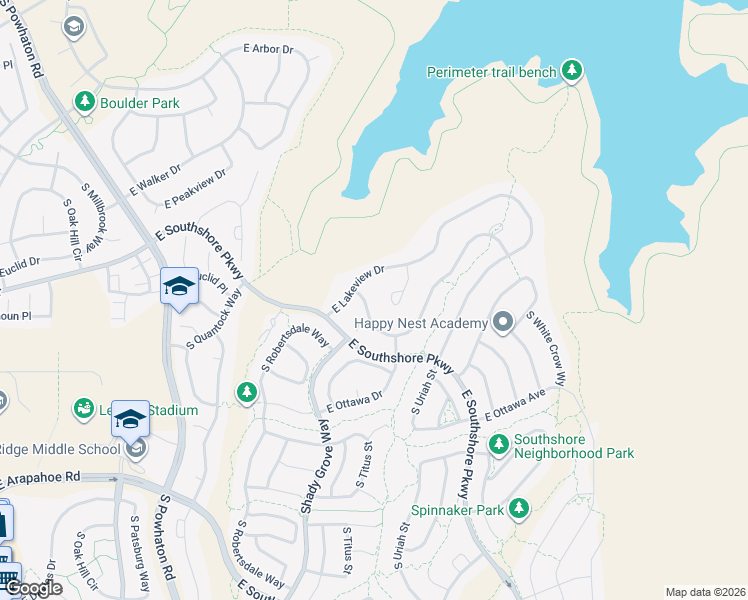 map of restaurants, bars, coffee shops, grocery stores, and more near 27242 East Euclid Drive in Aurora