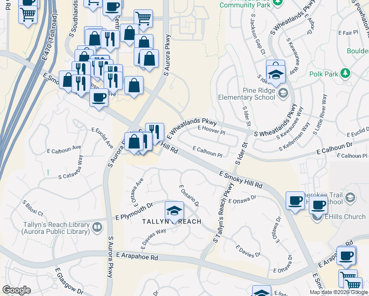 map of restaurants, bars, coffee shops, grocery stores, and more near 24550 East Smoky Hill Road in Aurora