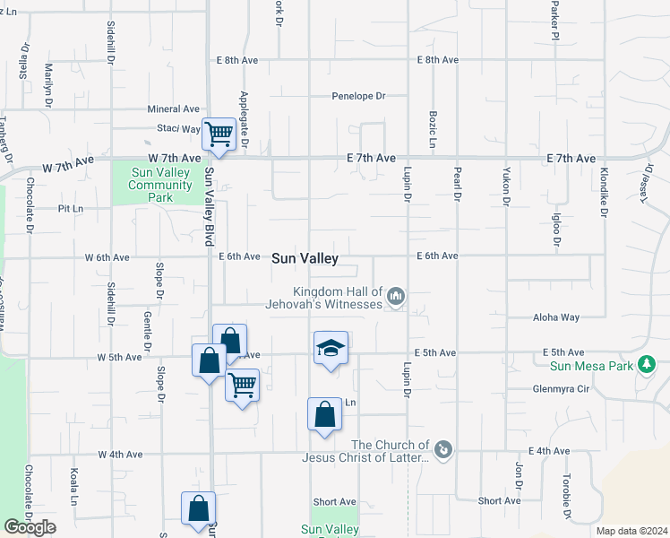 map of restaurants, bars, coffee shops, grocery stores, and more near 225 Bent Pine Circle in Sun Valley