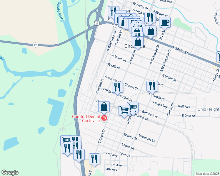 map of restaurants, bars, coffee shops, grocery stores, and more near 201 West Ohio Street in Circleville