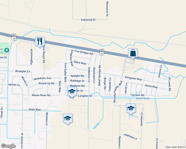 map of restaurants, bars, coffee shops, grocery stores, and more near 1802 Westward Lane in Fernley