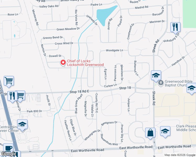 map of restaurants, bars, coffee shops, grocery stores, and more near 1466 Osprey Way in Greenwood