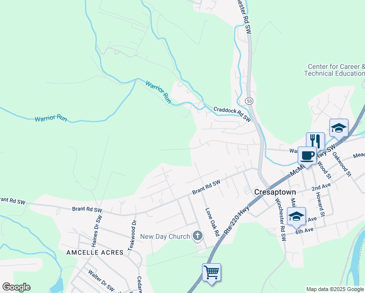 map of restaurants, bars, coffee shops, grocery stores, and more near 13709 Fir Tree Lane in Cresaptown