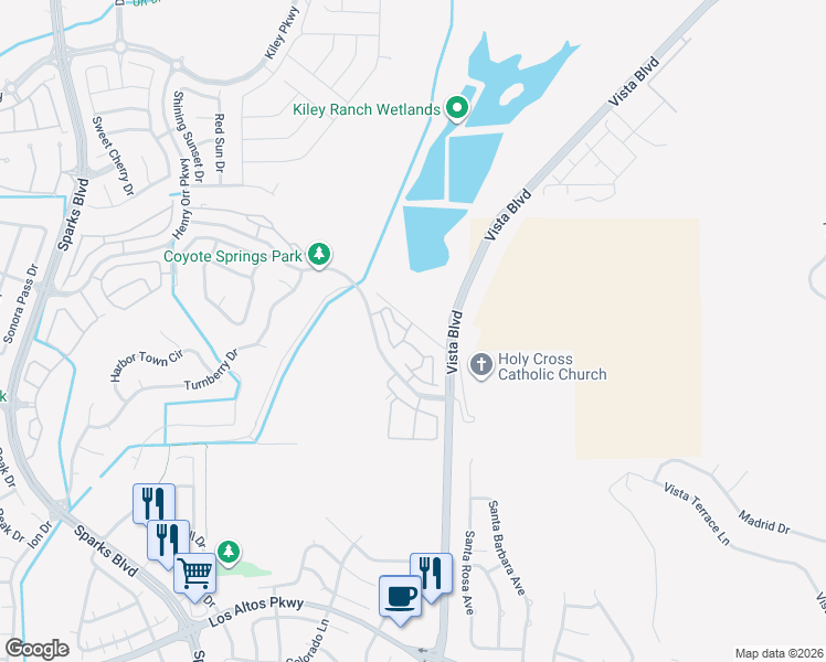map of restaurants, bars, coffee shops, grocery stores, and more near 5730 Vista Palomar Way in Sparks
