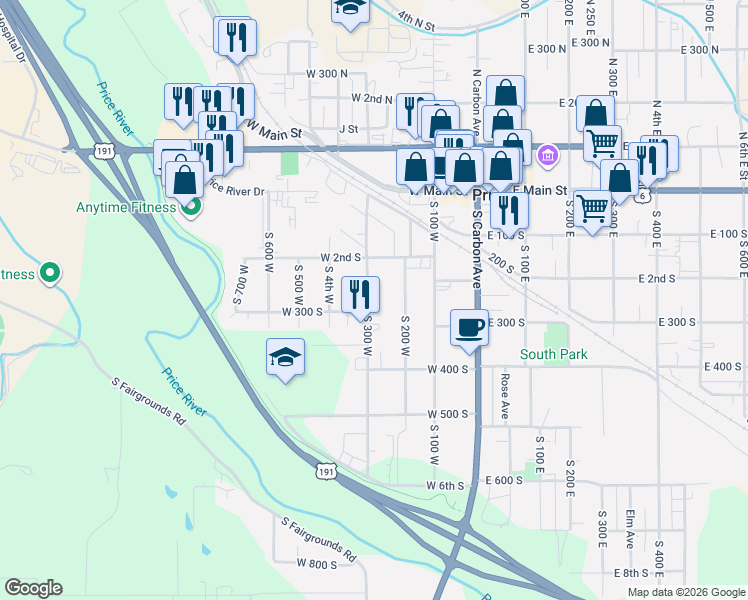 map of restaurants, bars, coffee shops, grocery stores, and more near 275 South 300 West in Price