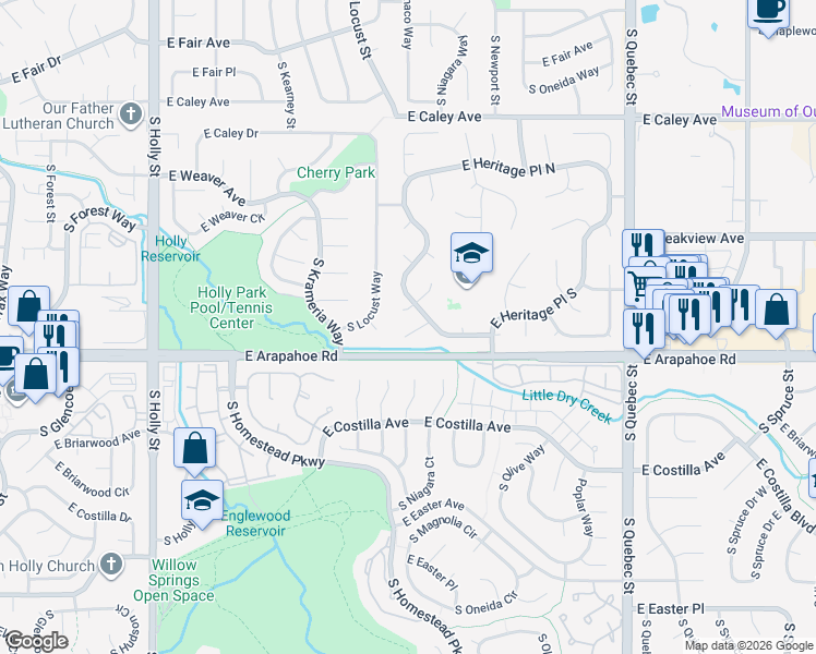 map of restaurants, bars, coffee shops, grocery stores, and more near 6672 South Magnolia Court in Centennial