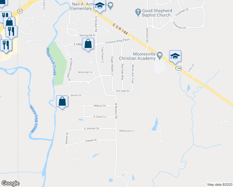 map of restaurants, bars, coffee shops, grocery stores, and more near 1029 Pin Oak Drive in Mooresville
