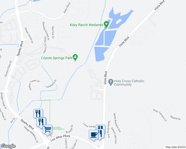 map of restaurants, bars, coffee shops, grocery stores, and more near 5730 Vista Palomar Way in Sparks