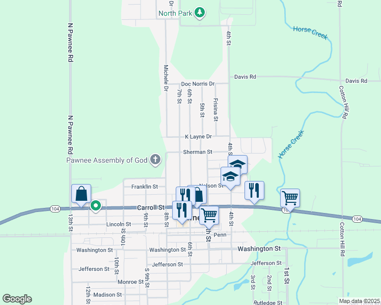 map of restaurants, bars, coffee shops, grocery stores, and more near 1098 6th St in Pawnee