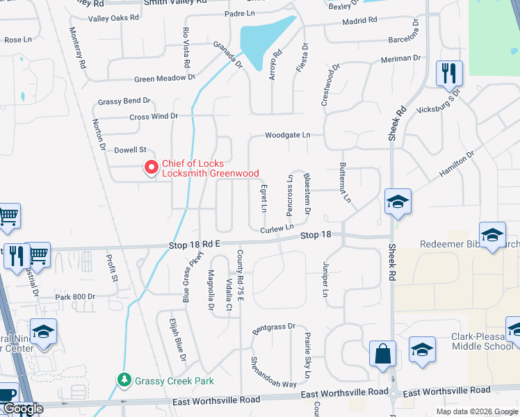 map of restaurants, bars, coffee shops, grocery stores, and more near 1472 Egret Lane in Greenwood