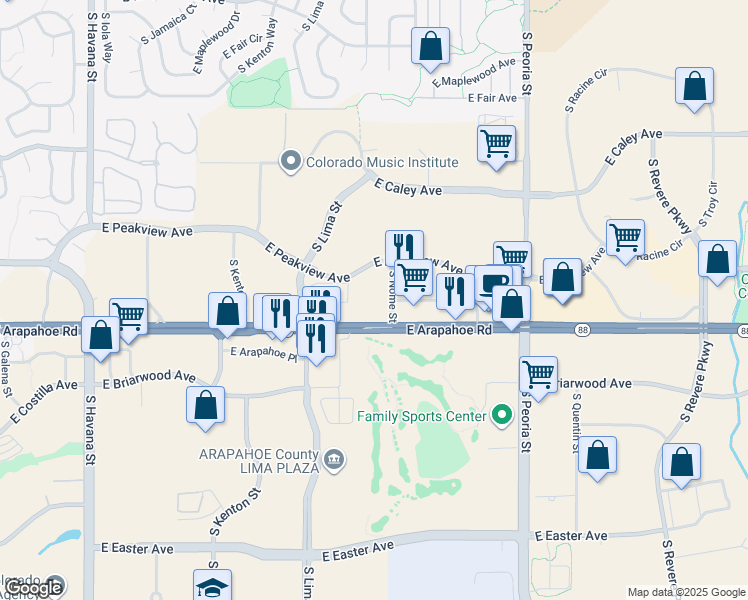 map of restaurants, bars, coffee shops, grocery stores, and more near 11551 East Arapahoe Road in Englewood