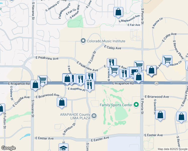 map of restaurants, bars, coffee shops, grocery stores, and more near 11450 East Peakview Avenue in Centennial