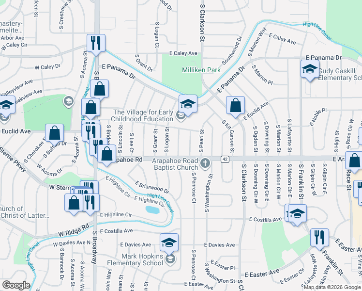 map of restaurants, bars, coffee shops, grocery stores, and more near 6696 South Pennsylvania Street in Centennial