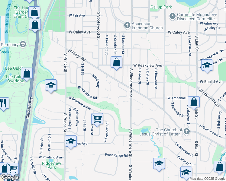 map of restaurants, bars, coffee shops, grocery stores, and more near 6735 South Crocker Way in Littleton