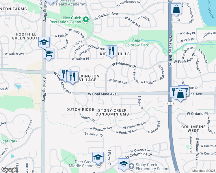 map of restaurants, bars, coffee shops, grocery stores, and more near 9184 West Calhoun Place in Littleton