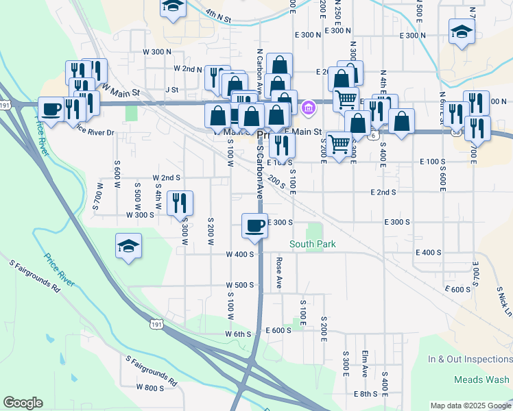 map of restaurants, bars, coffee shops, grocery stores, and more near 7 205 S Carbon Avenue in Price