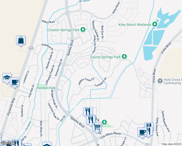 map of restaurants, bars, coffee shops, grocery stores, and more near 5738 Spanish Bay Court in Sparks
