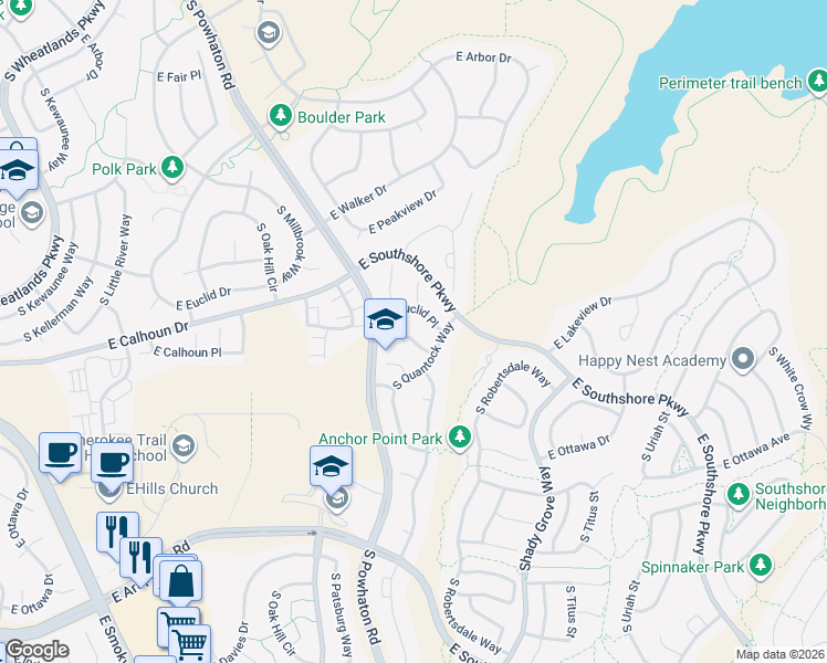 map of restaurants, bars, coffee shops, grocery stores, and more near 6675 South Quantock Way in Aurora